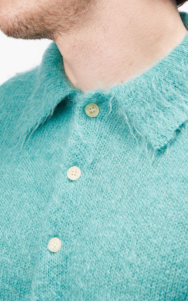 Auralee Brushed Super Kid Mohair Knit Polo Blue