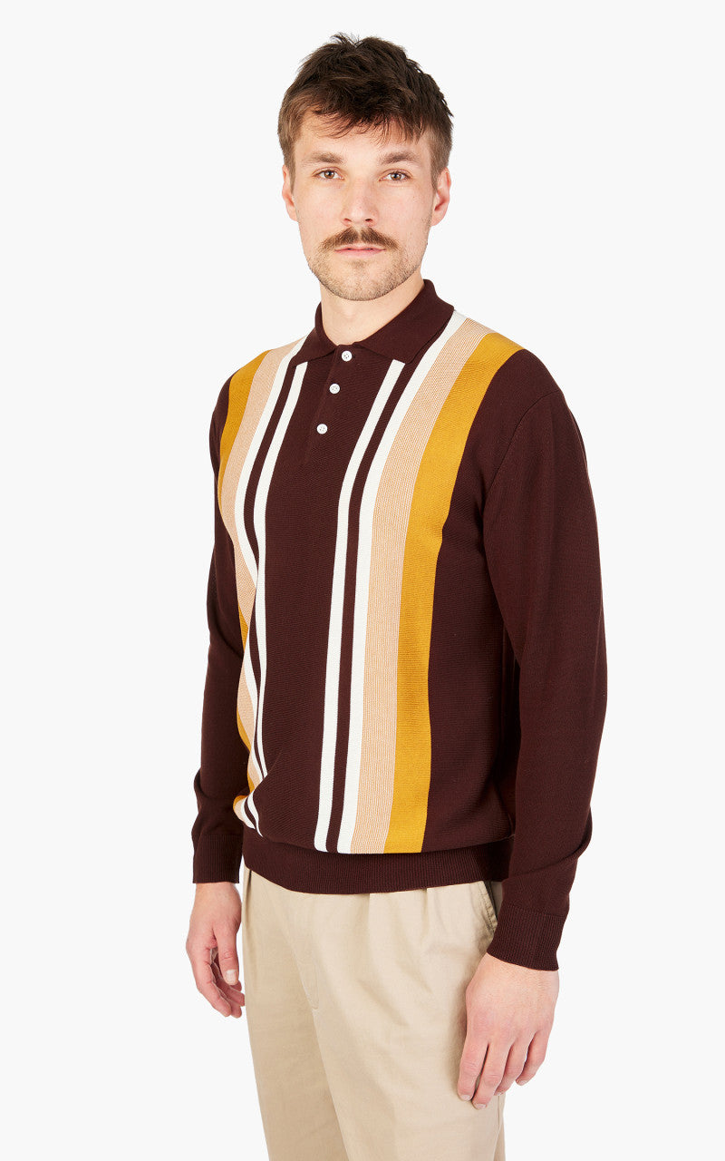 Beams Plus Knit 12-Gauge Striped Polo Shirt Brown