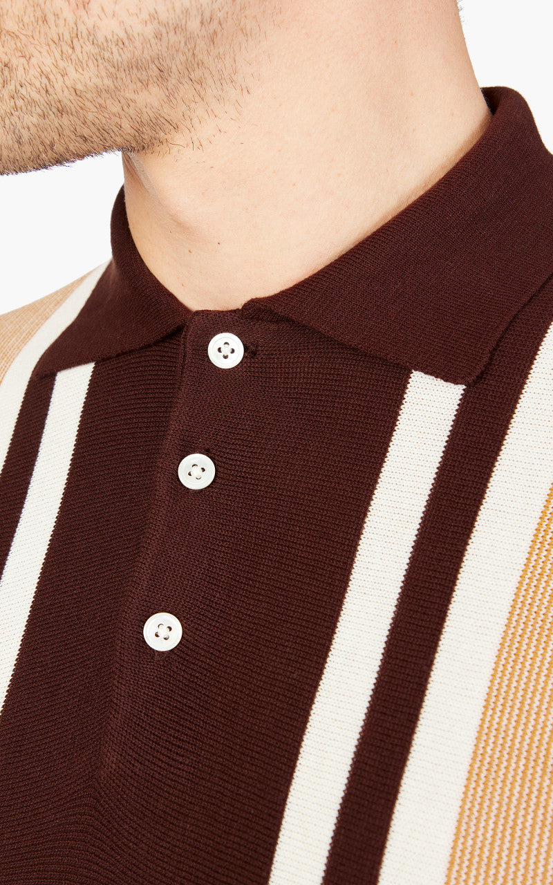 Beams Plus Knit 12-Gauge Striped Polo Shirt Brown