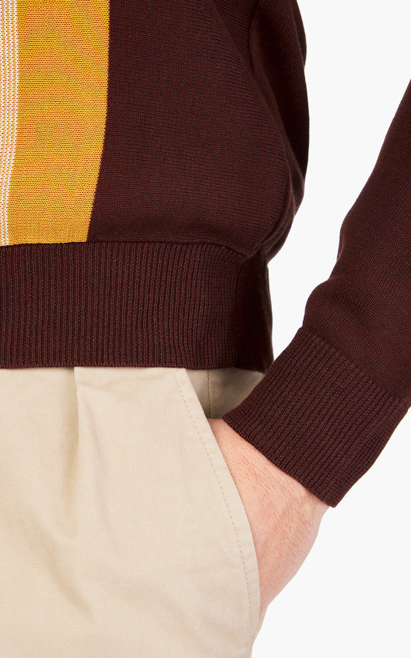 Beams Plus Knit 12-Gauge Striped Polo Shirt Brown
