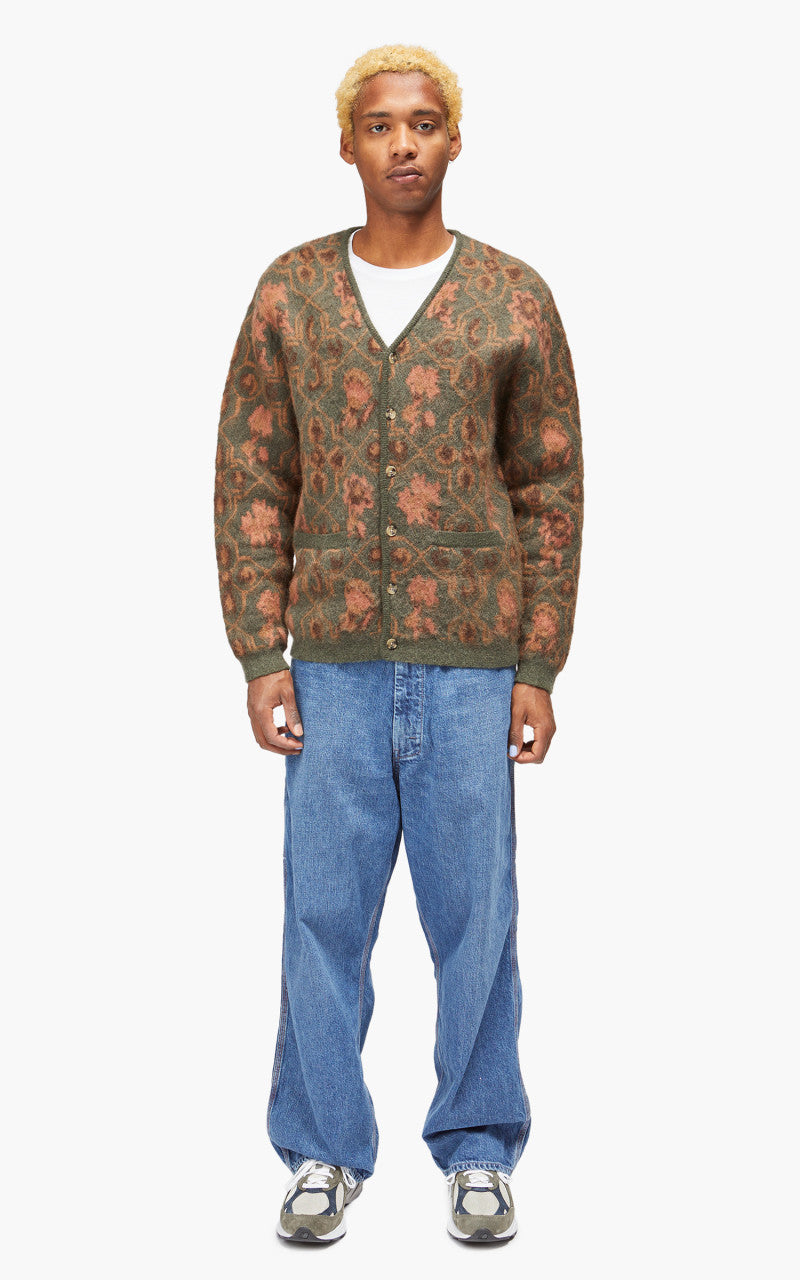 Beams Plus Cardigan Botanical Pattern Jacquard Olive