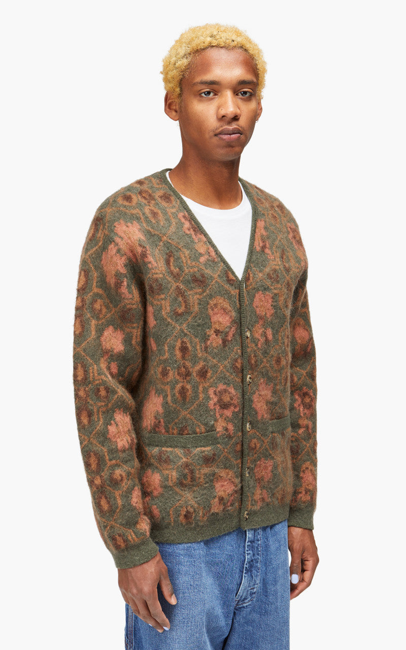 Beams Plus Cardigan Botanical Pattern Jacquard Olive
