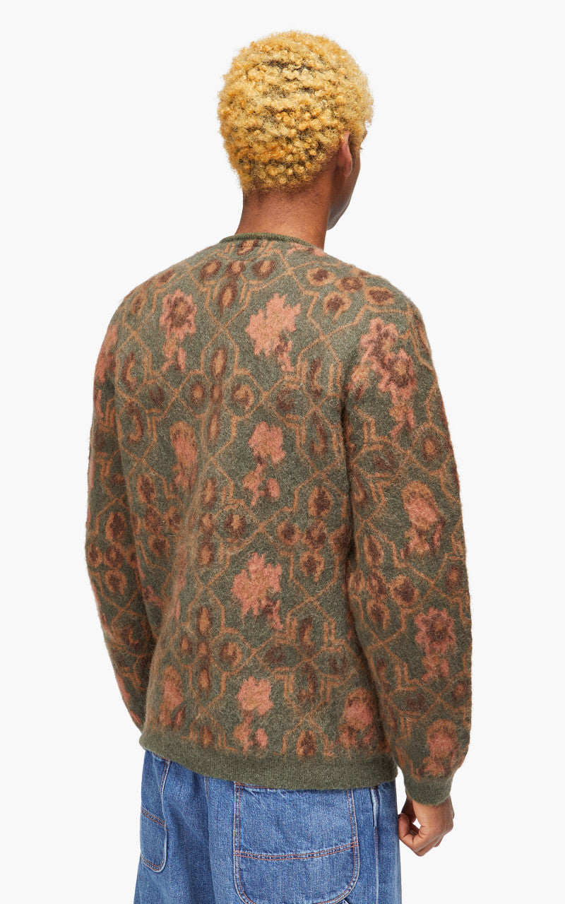 Beams Plus Cardigan Botanical Pattern Jacquard Olive
