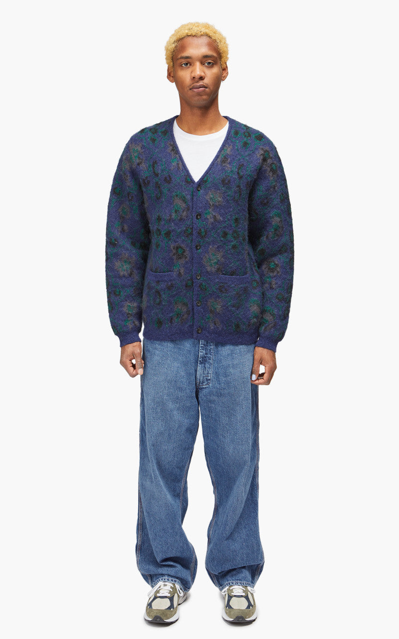 Beams Plus Cardigan Botanical Pattern Jacquard Navy