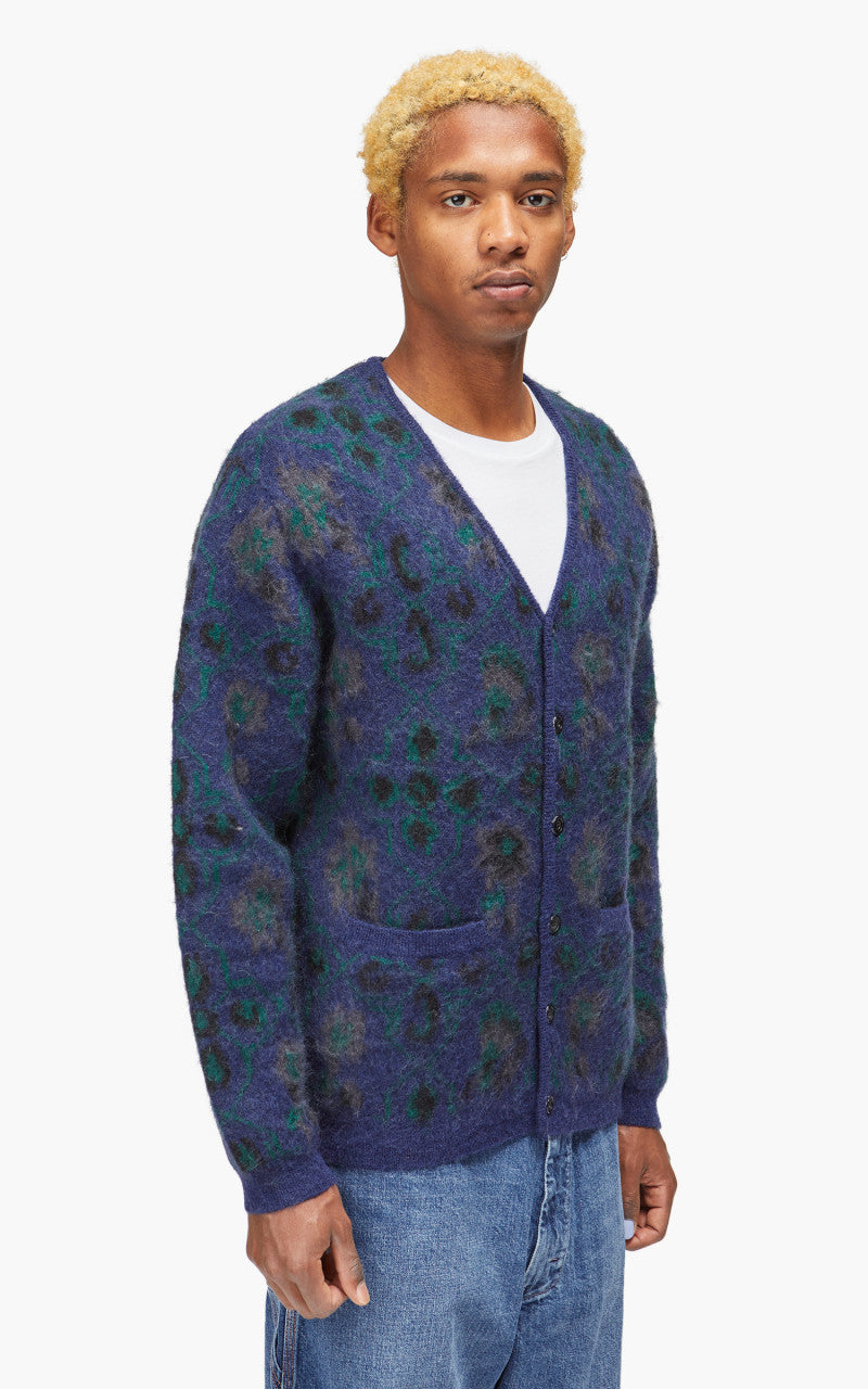 Beams Plus Cardigan Botanical Pattern Jacquard Navy