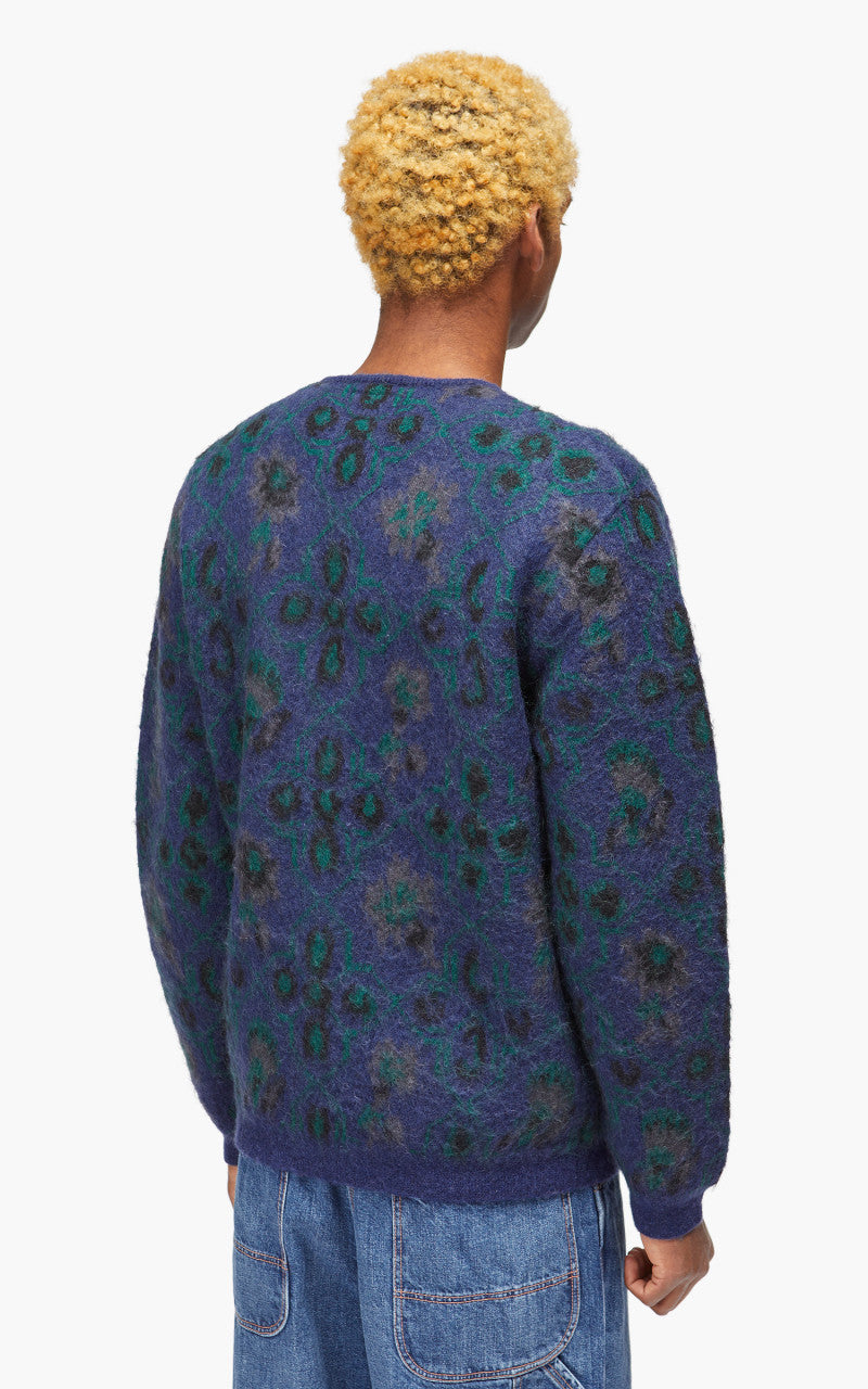 Beams Plus Cardigan Botanical Pattern Jacquard Navy