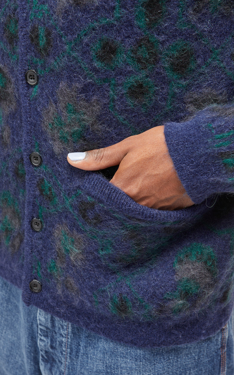 Beams Plus Cardigan Botanical Pattern Jacquard Navy