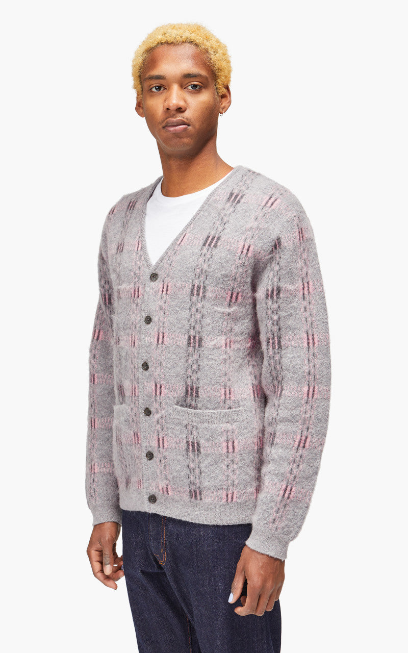 Beams Plus Cardigan Check Pattern Jacquard Mohair 9G Grey