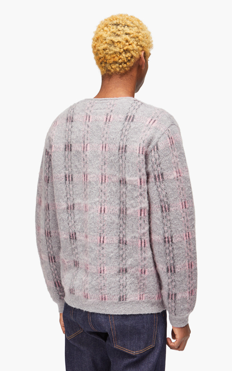 Beams Plus Cardigan Check Pattern Jacquard Mohair 9G Grey