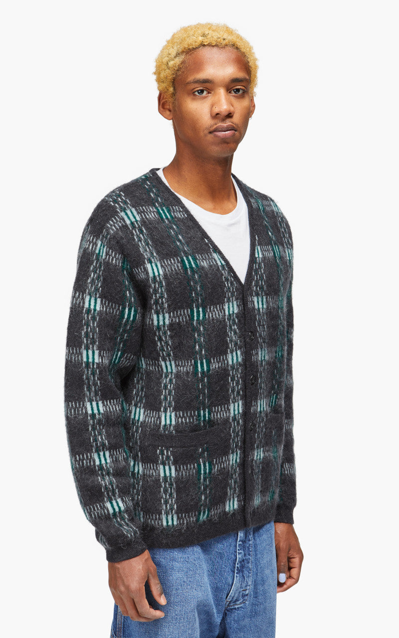 Beams Plus Cardigan Check Pattern Jacquard Mohair 9G Black