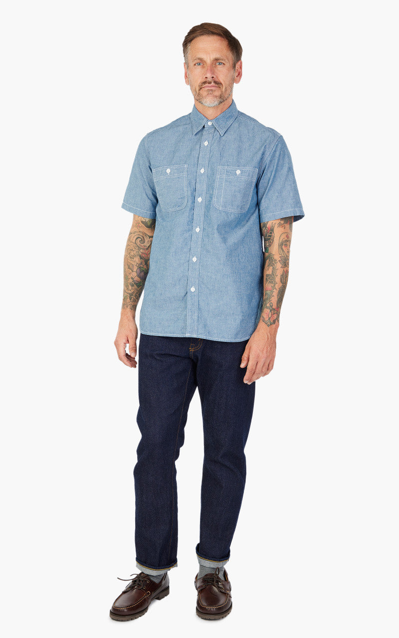 Beams Plus Short Sleeve Work Shirt Selvedge Chambray Sax