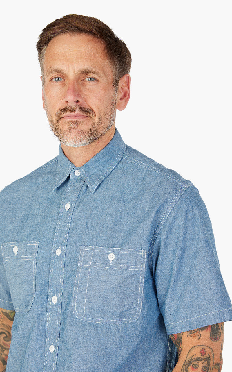 Beams Plus Short Sleeve Work Shirt Selvedge Chambray Sax