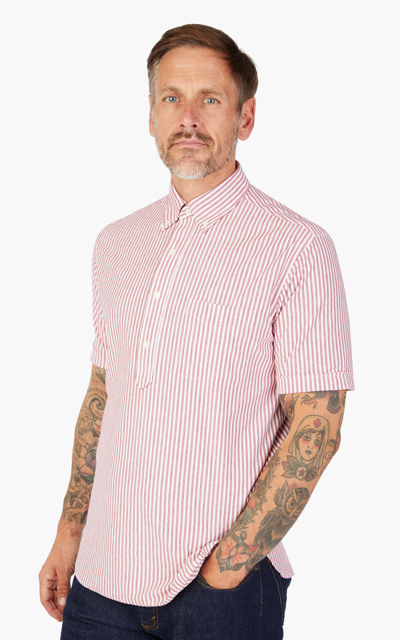 Beams Plus Knitted Oxford Striped Button Down Shirt Red