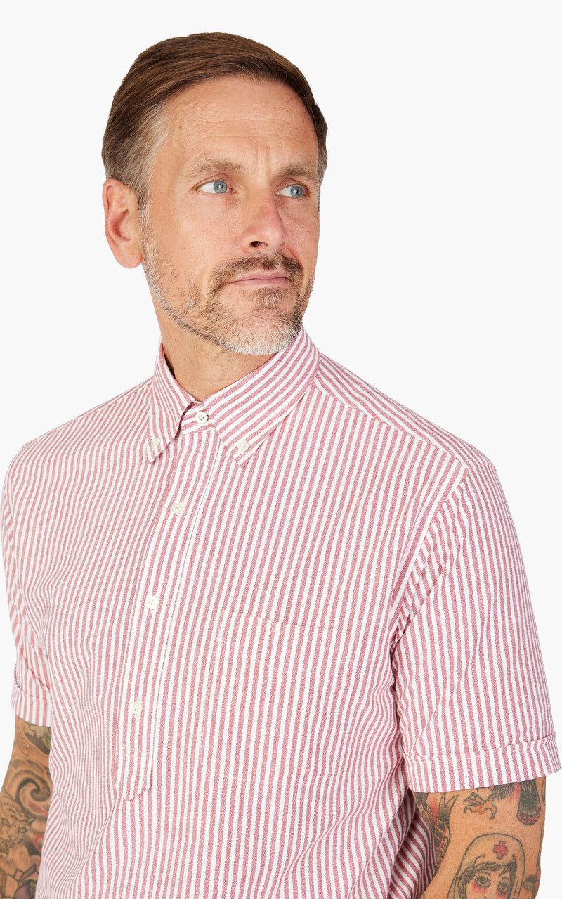 Beams Plus Knitted Oxford Striped Button Down Shirt Red