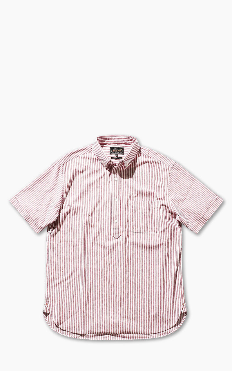 Beams Plus Knitted Oxford Striped Button Down Shirt Red