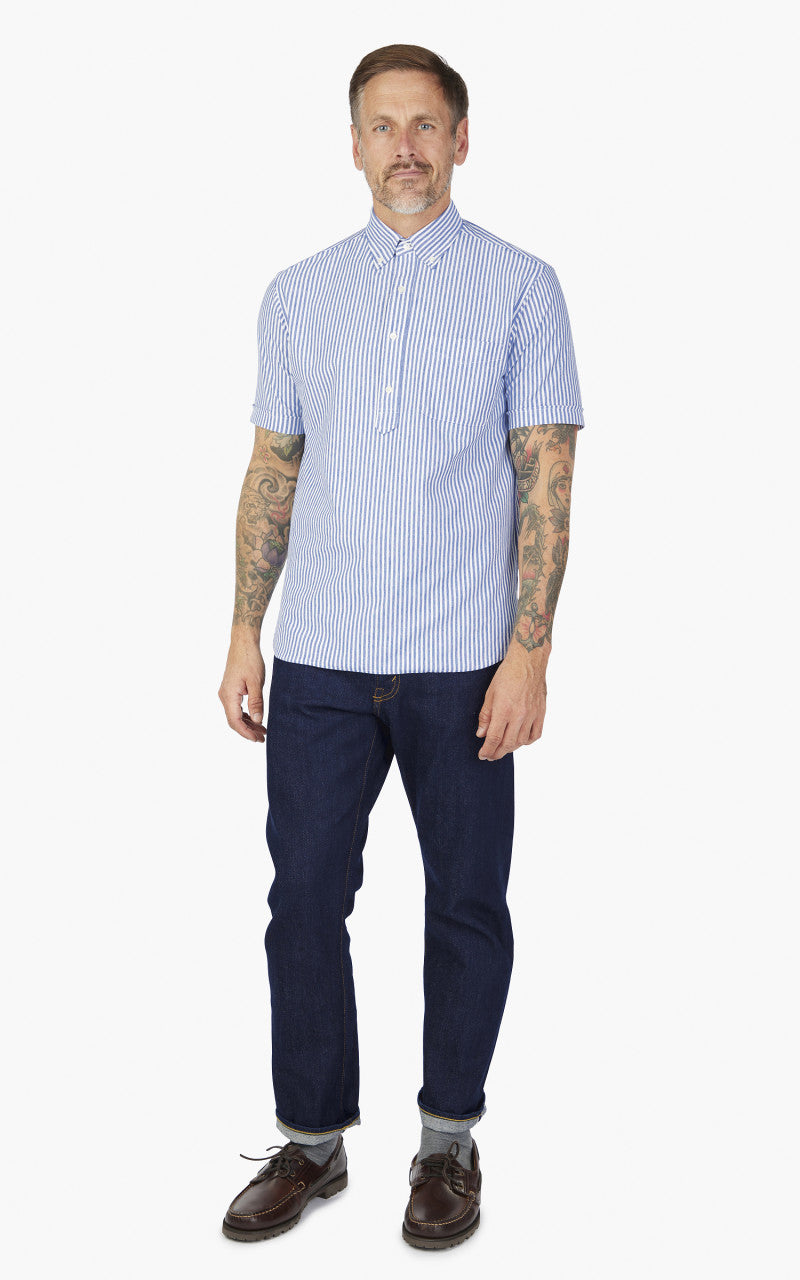 Beams Plus Knitted Oxford Striped Button Down Shirt Blue