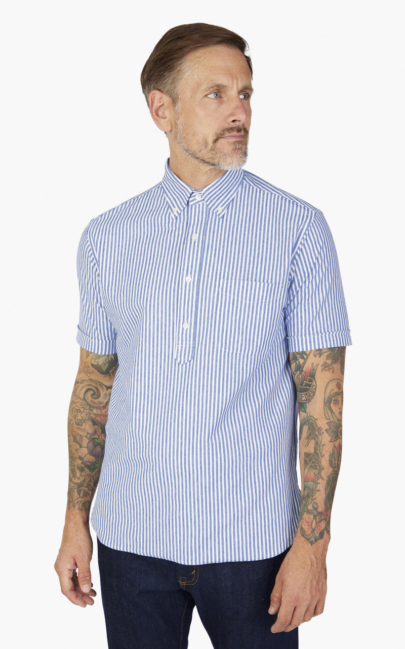 Beams Plus Knitted Oxford Striped Button Down Shirt Blue