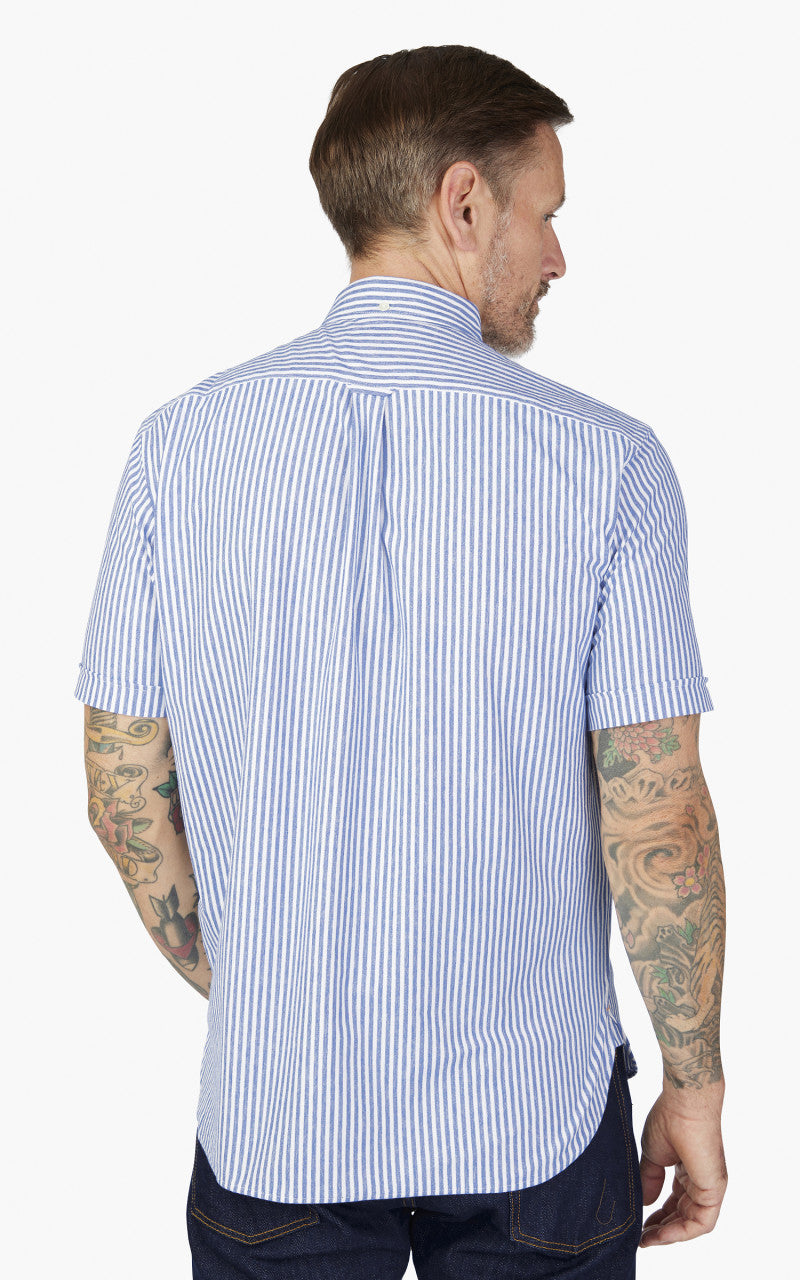 Beams Plus Knitted Oxford Striped Button Down Shirt Blue