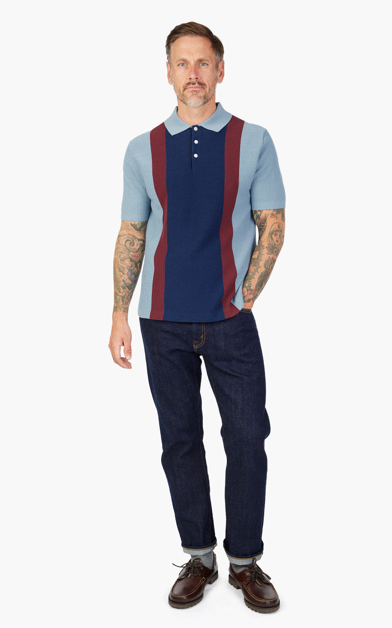 Beams Plus Cotton Knit Striped Polo Shirt Sax