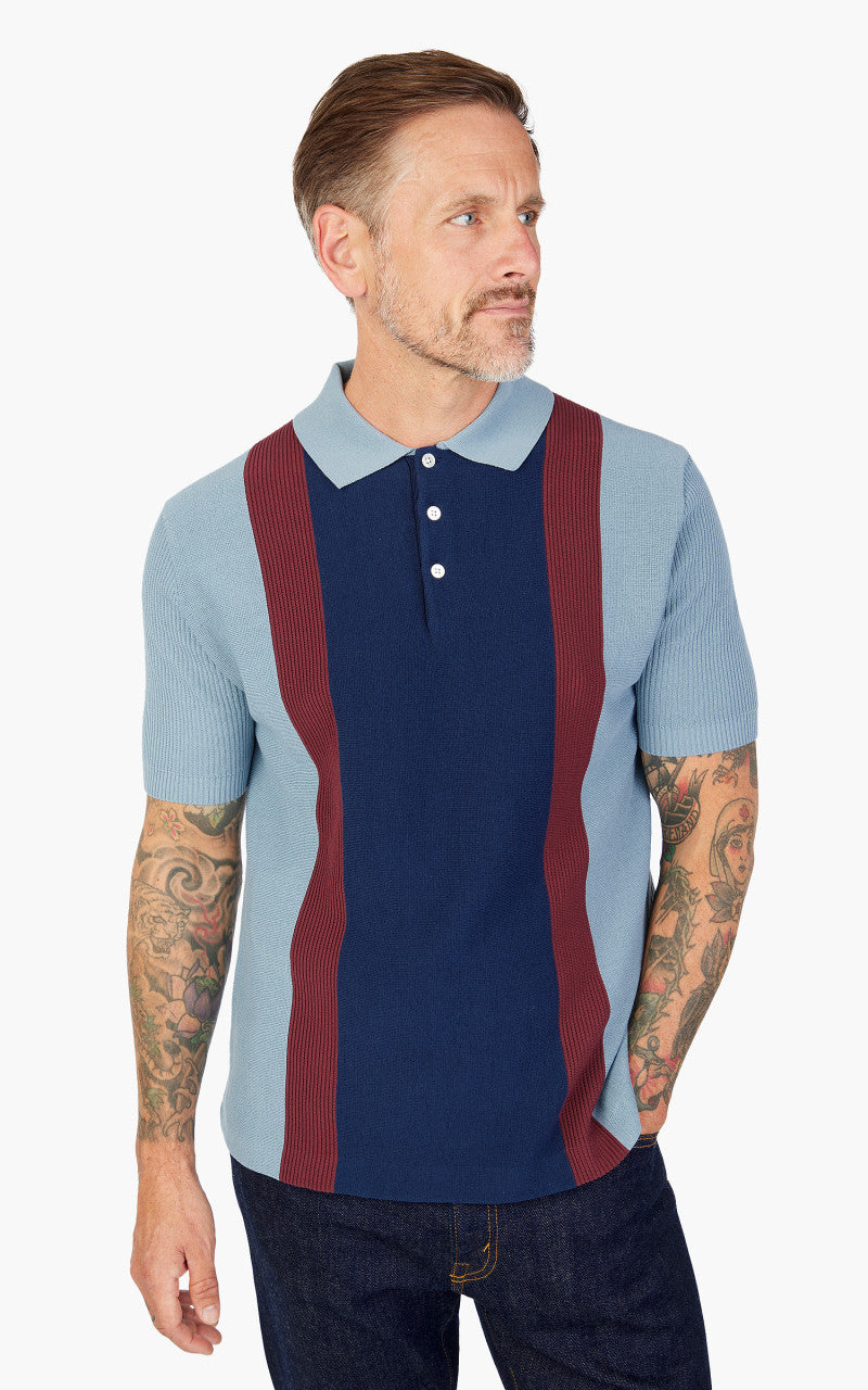 Beams Plus Cotton Knit Striped Polo Shirt Sax