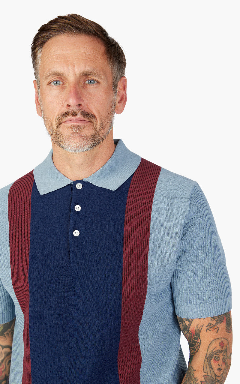 Beams Plus Cotton Knit Striped Polo Shirt Sax