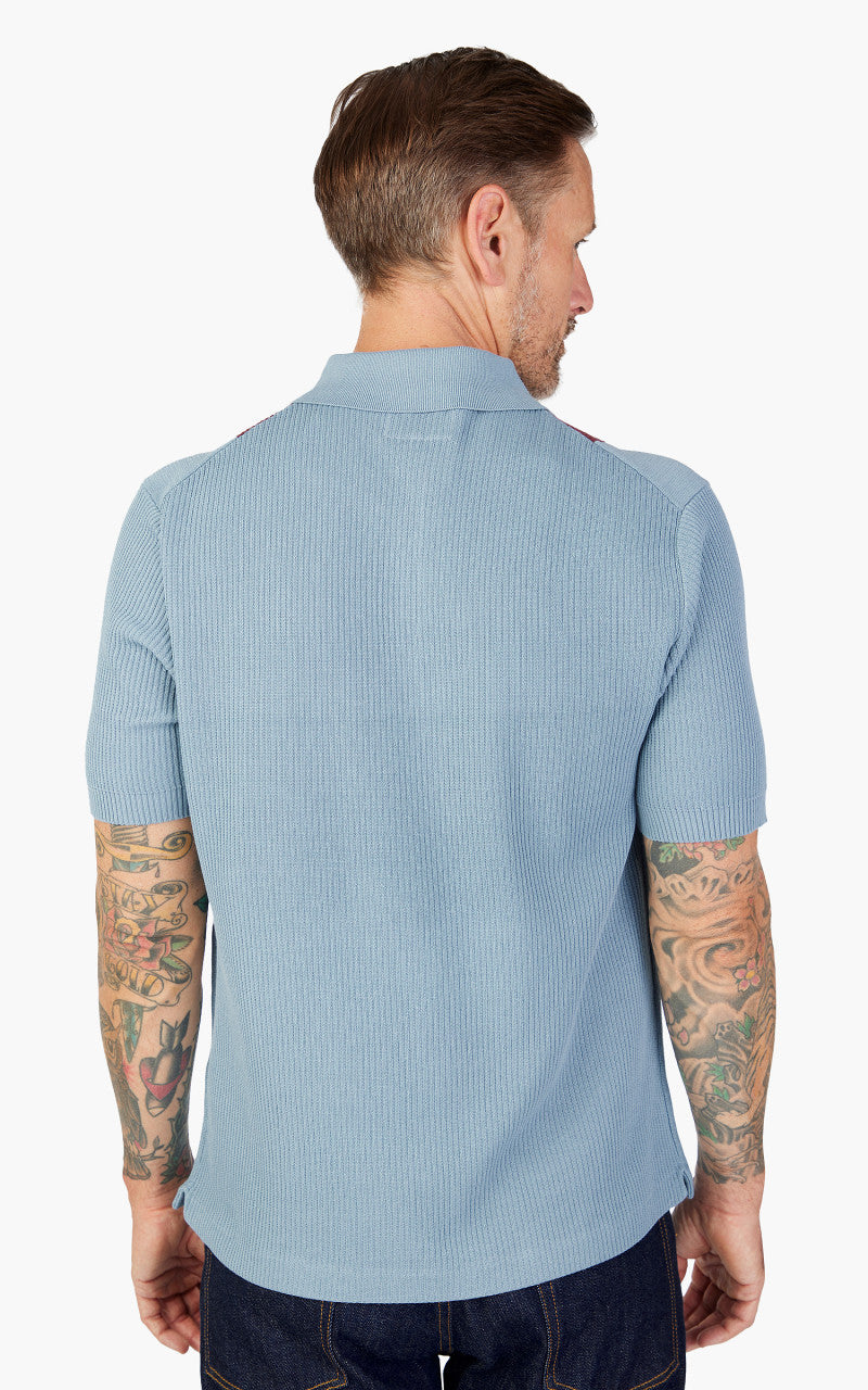 Beams Plus Cotton Knit Striped Polo Shirt Sax