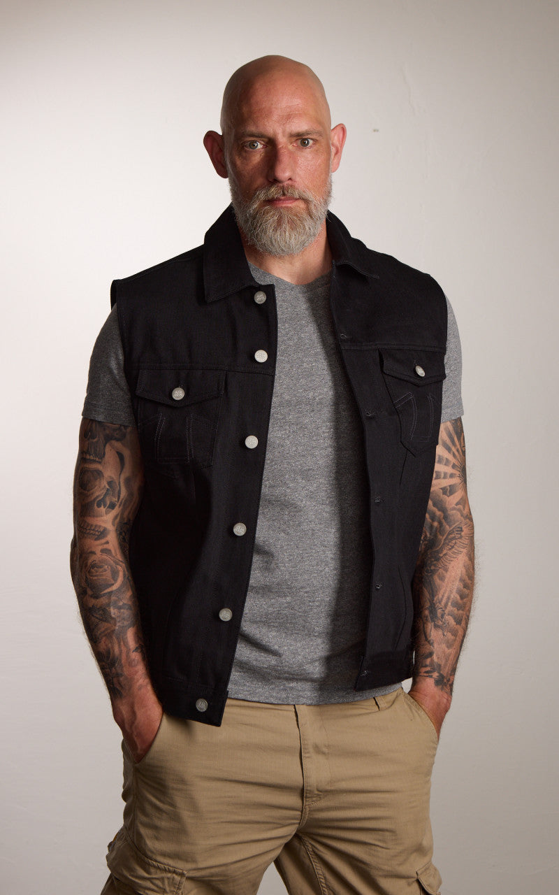 Eat Dust Fit 736 Biker Denim Vest Heavier Black 14oz