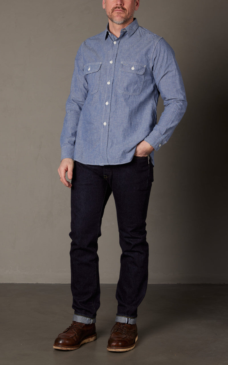 FOB Factory F3494 Chambray Work Shirt Navy