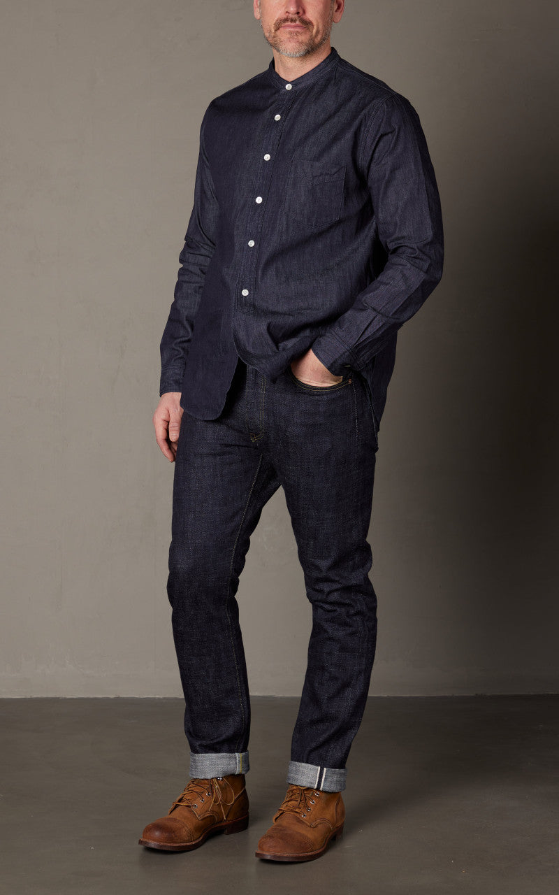 FOB Factory F3470 Denim Band Collar Shirt Washed Blue