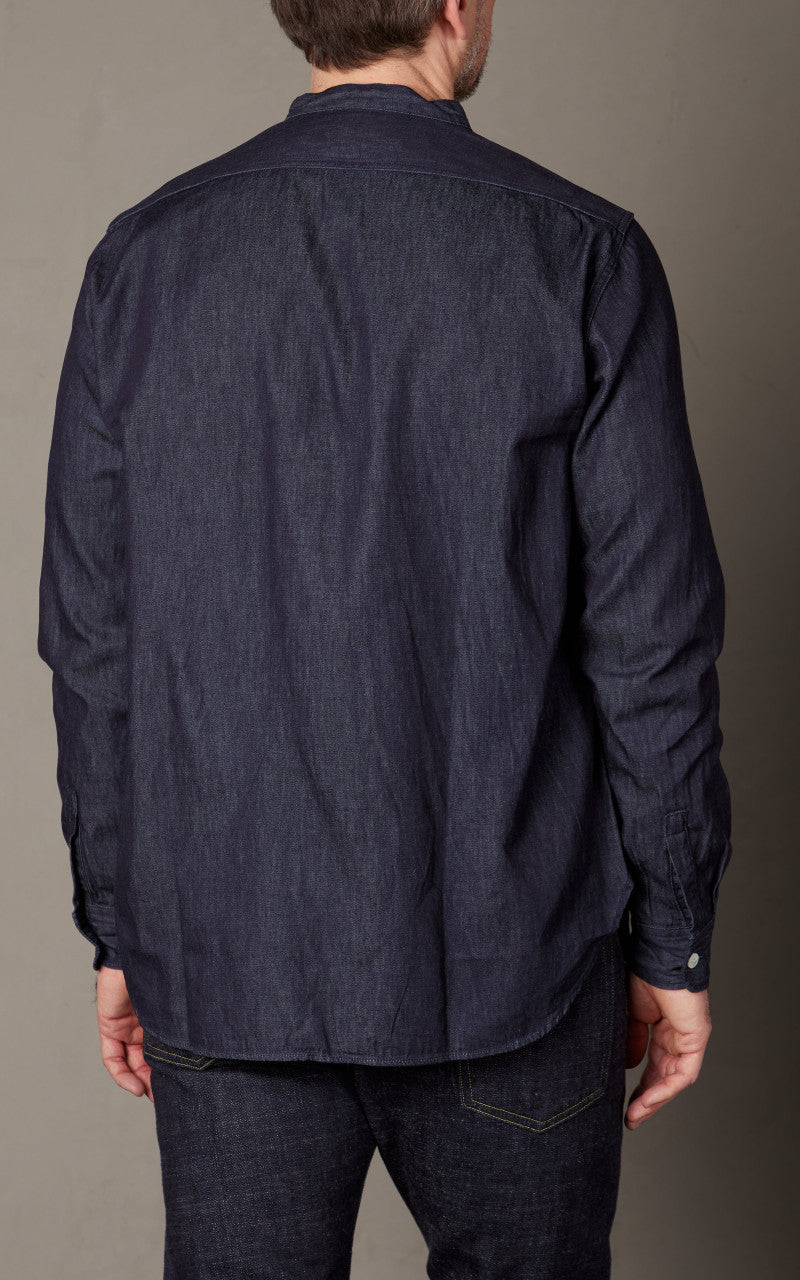 FOB Factory F3470 Denim Band Collar Shirt Washed Blue