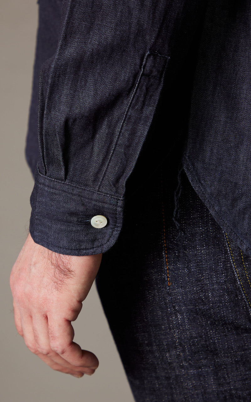 FOB Factory F3470 Denim Band Collar Shirt Washed Blue