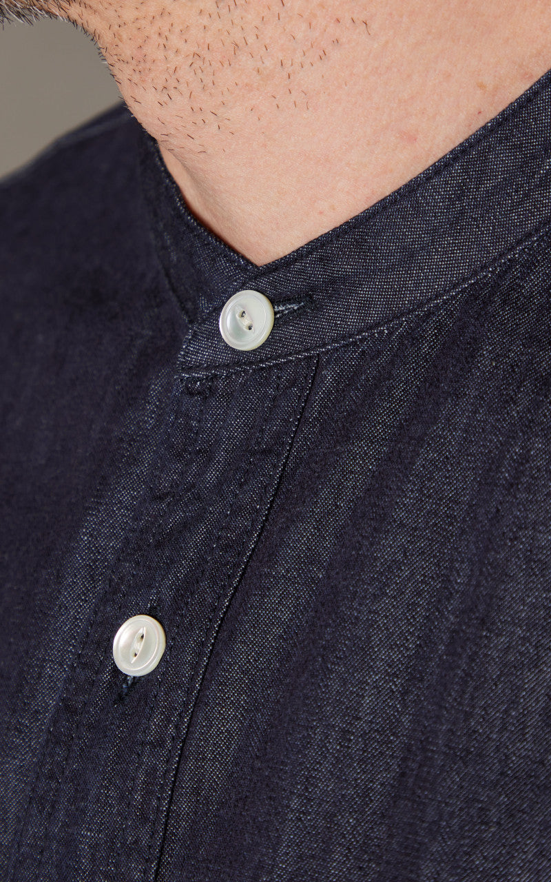 FOB Factory F3470 Denim Band Collar Shirt Washed Blue