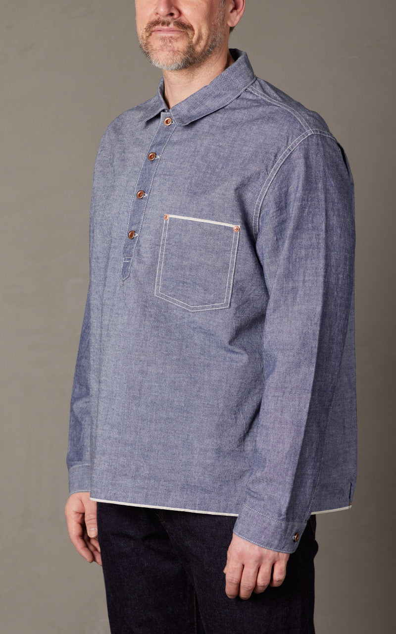 FOB Factory F3487 Chambray Selvedge Pullover Shirt Blue