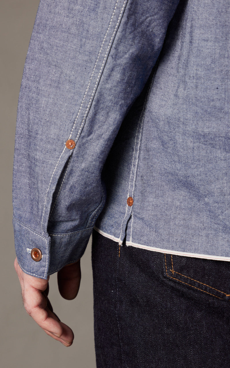 FOB Factory F3487 Chambray Selvedge Pullover Shirt Blue
