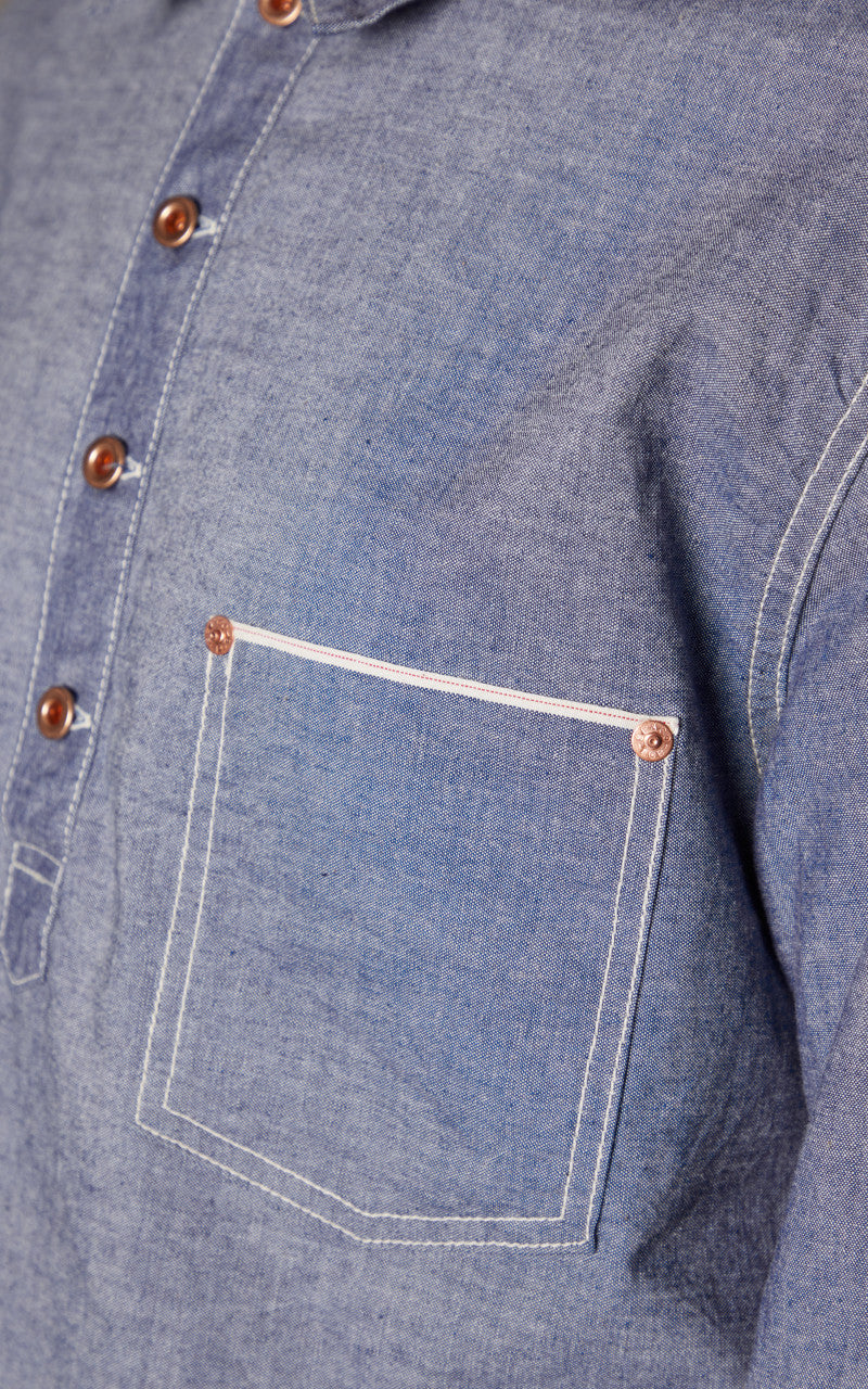 FOB Factory F3487 Chambray Selvedge Pullover Shirt Blue