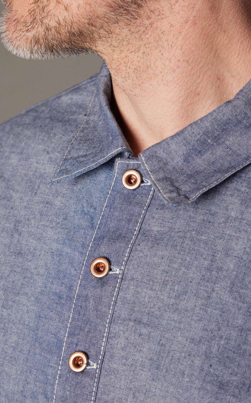 FOB Factory F3487 Chambray Selvedge Pullover Shirt Blue