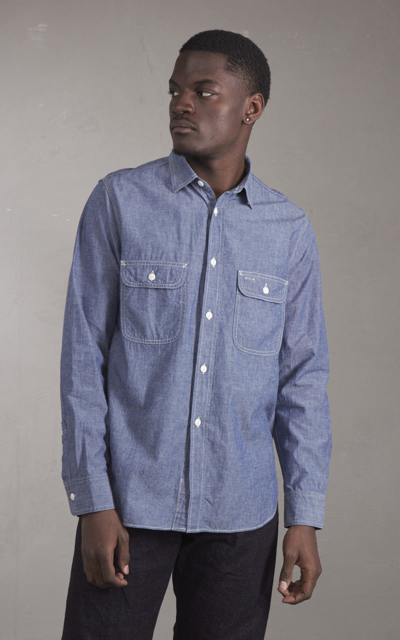 FOB Factory F3494 Selvedge Chambray Work Shirt Blue