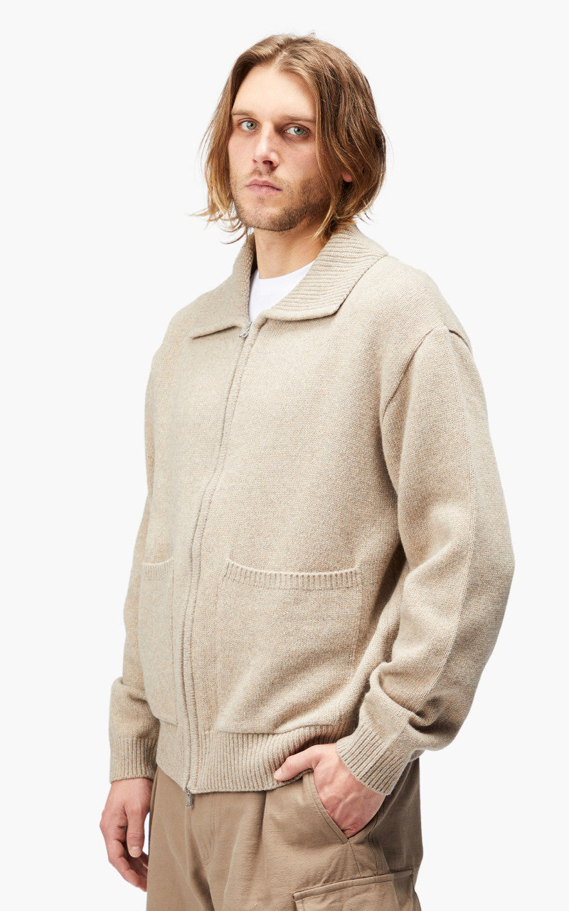 FrizmWORKS Wool Collar Zip Up Knit Cardigan Oatmeal