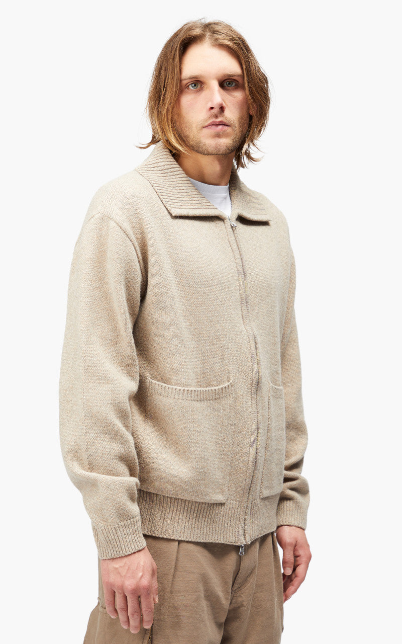 FrizmWORKS Wool Collar Zip Up Knit Cardigan Oatmeal