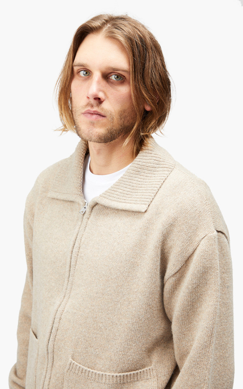 FrizmWORKS Wool Collar Zip Up Knit Cardigan Oatmeal