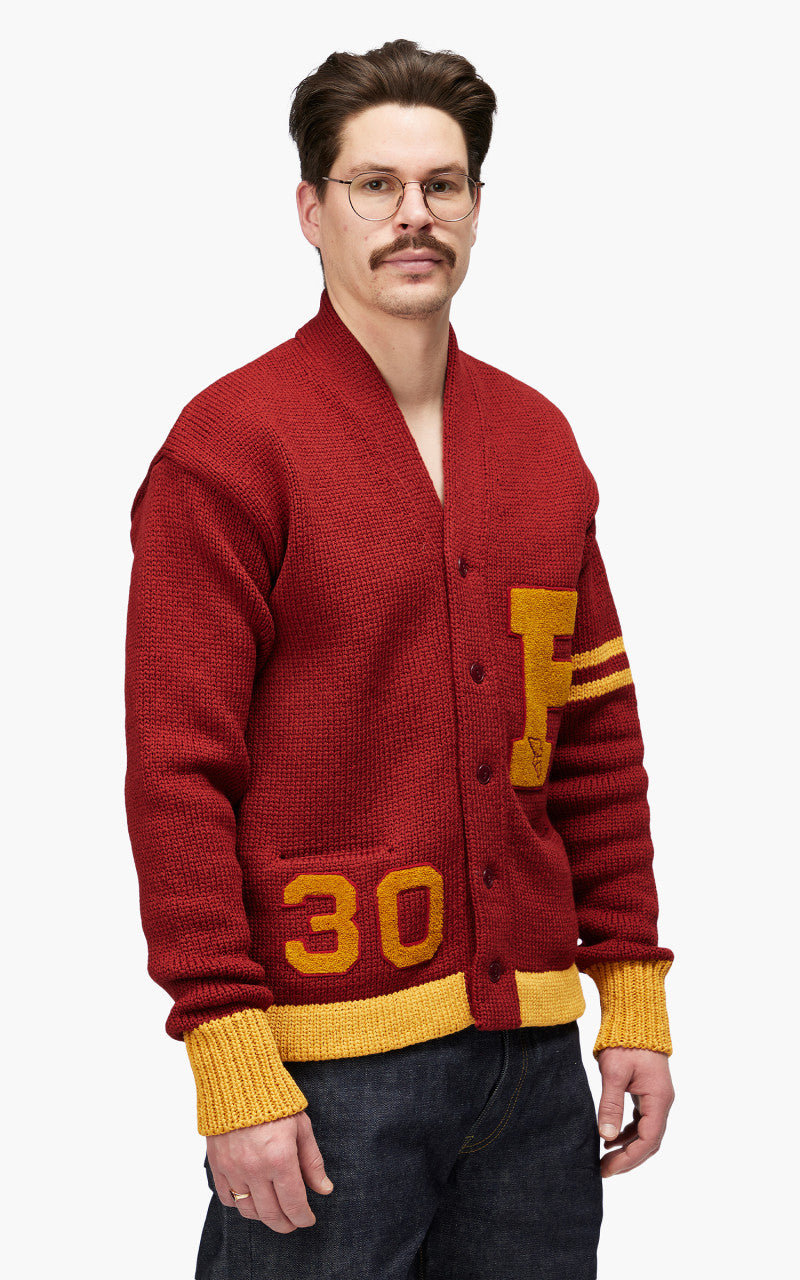 Fullcount 3008 Husk Wool Letterman Cardigan Burgundy "30th Anniversary"