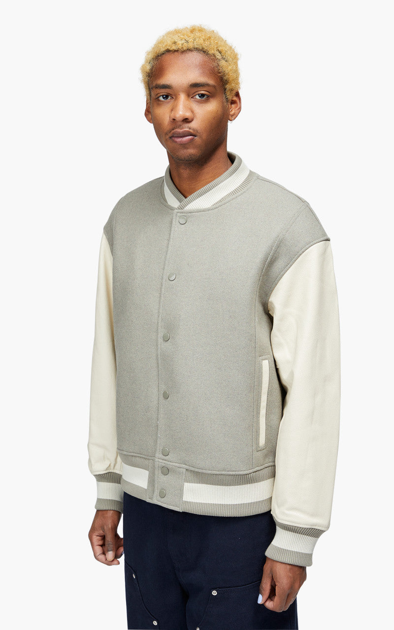 FrizmWORKS Leather Varsity Jacket Light Grey