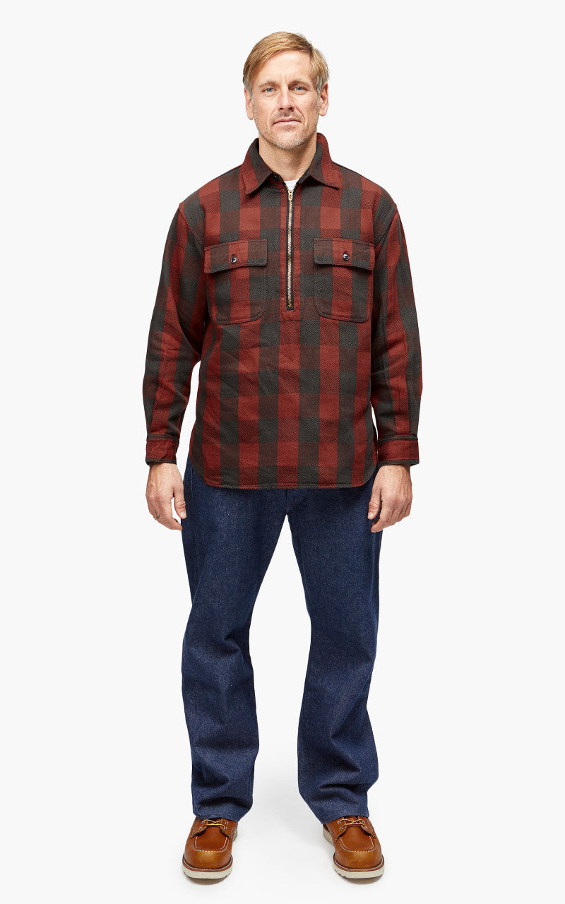Fullcount 4071 Half Zip Pullover Classic Buffalo Check Shirt Burgundy