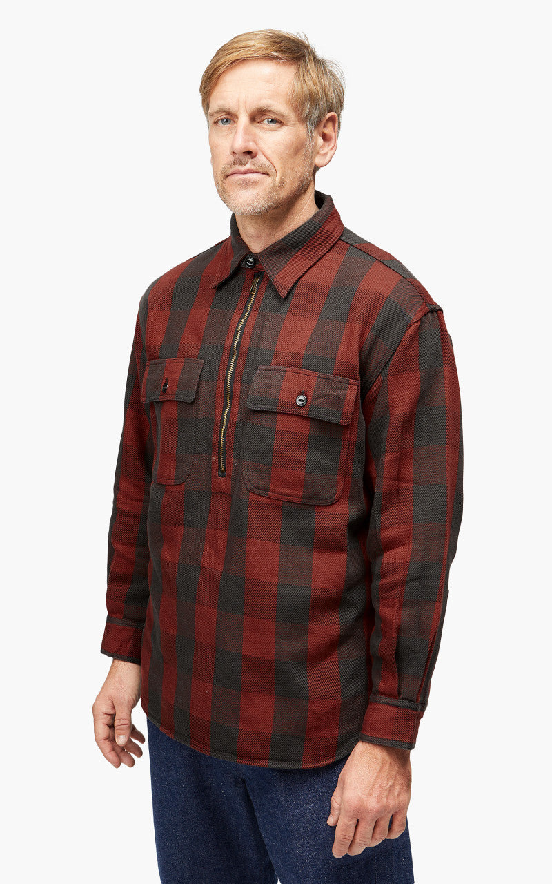 Fullcount 4071 Half Zip Pullover Classic Buffalo Check Shirt Burgundy