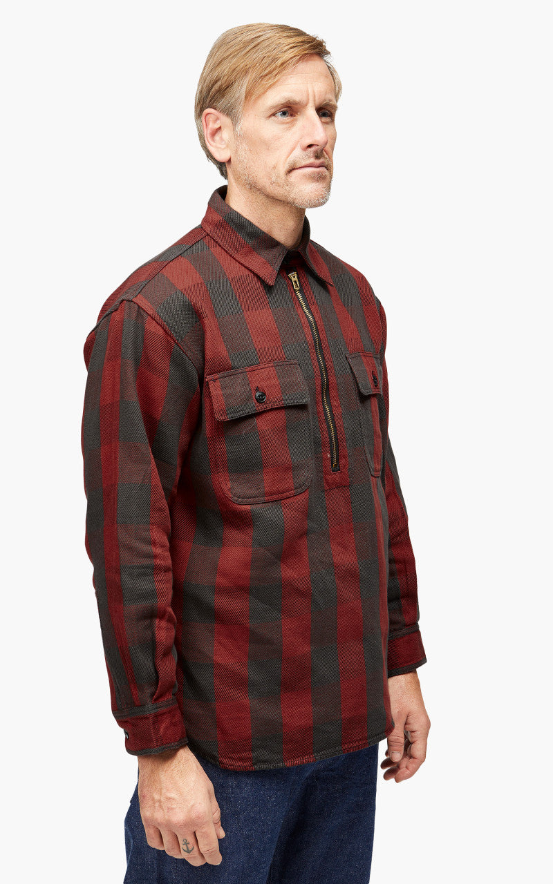 Fullcount 4071 Half Zip Pullover Classic Buffalo Check Shirt Burgundy
