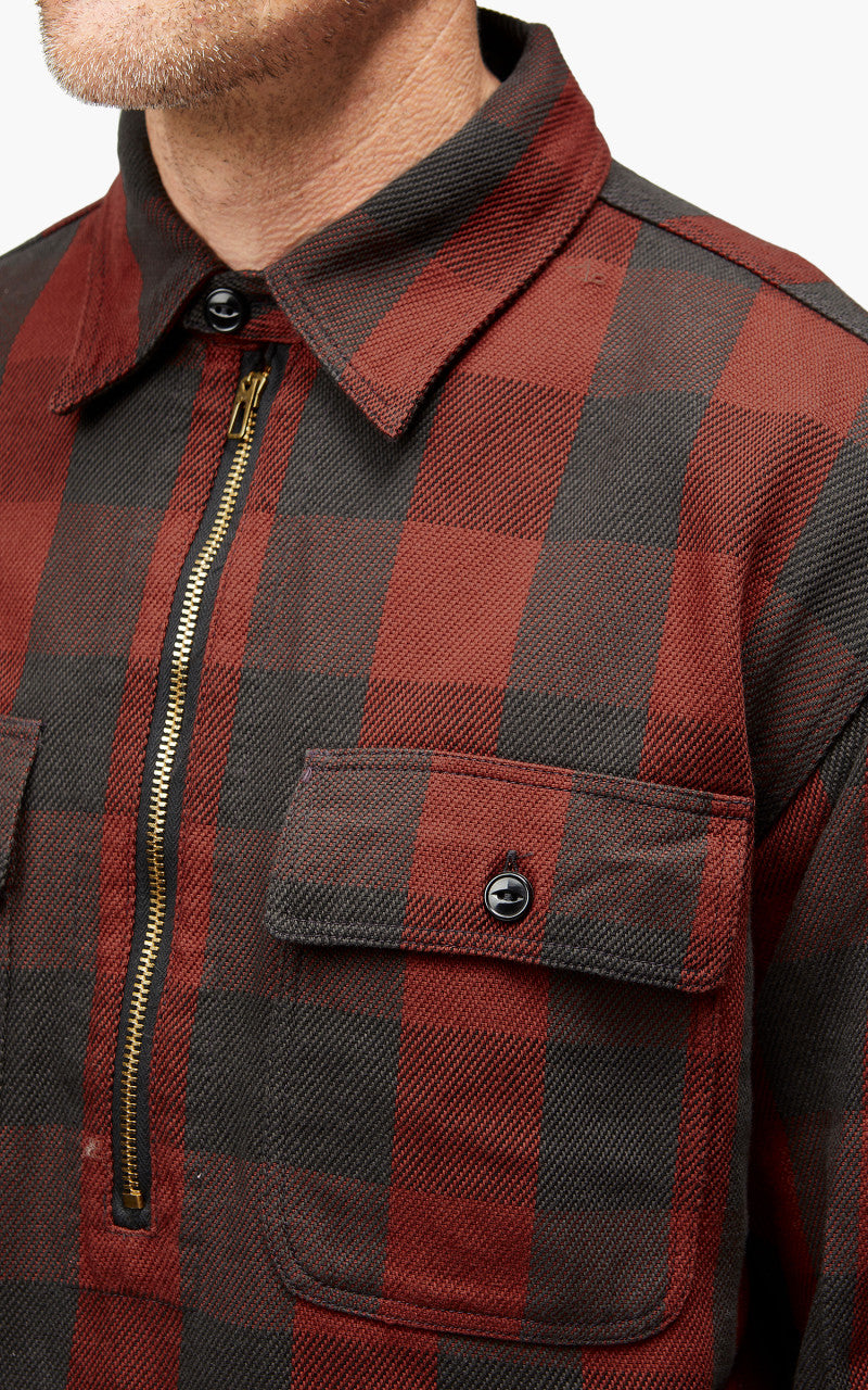 Fullcount 4071 Half Zip Pullover Classic Buffalo Check Shirt Burgundy