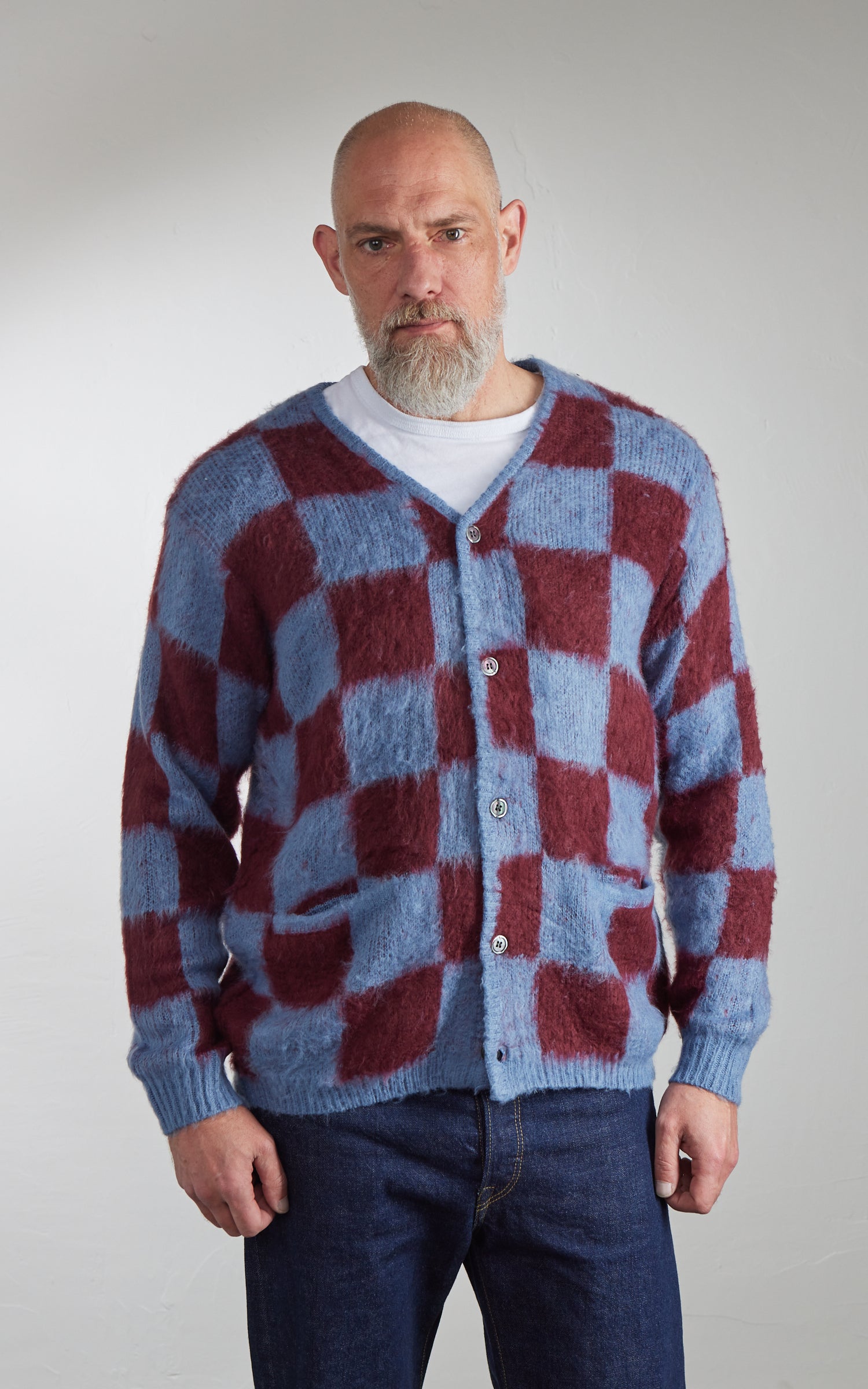 Houston UNIVERD72 Mohair Touch Brushed Cardigan Checkered Flag Blue