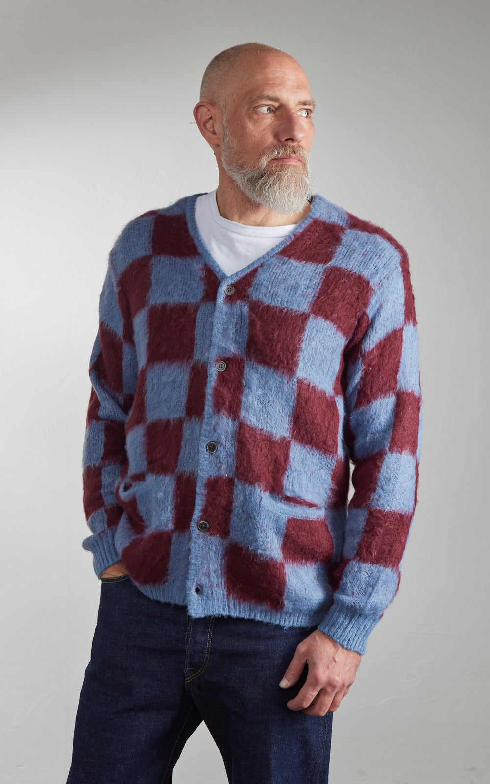 Houston UNIVERD72 Mohair Touch Brushed Cardigan Checkered Flag Blue