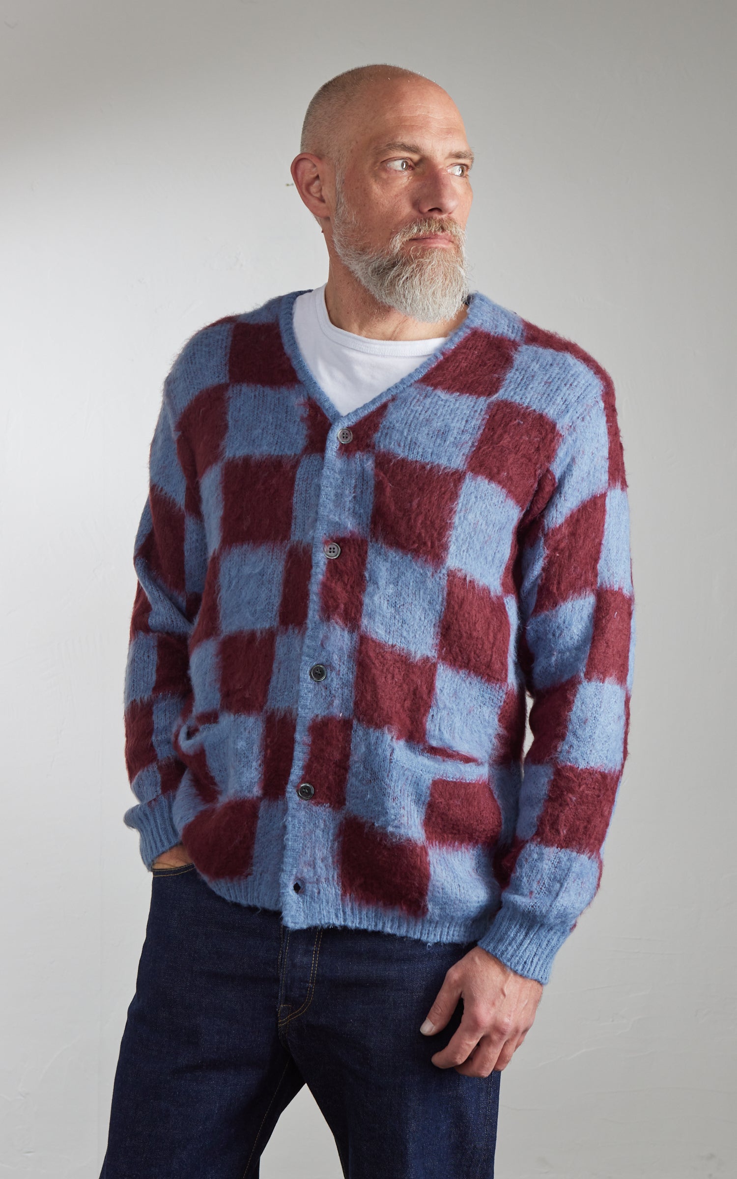 Houston UNIVERD72 Mohair Touch Brushed Cardigan Checkered Flag Blue