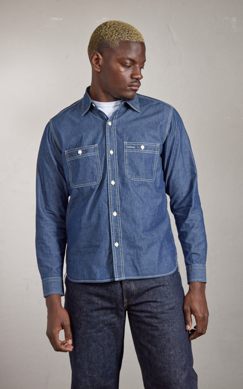 Houston U.S. Cotton Chambray Work Shirt Vintage Wash Indigo